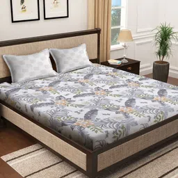 SOKNACK White & Grey Floral 300 TC King Bedsheet with 2 Pillow Covers-image-64
