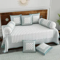 BLOCKS OF INDIA White & Green 8 Pieces Printed Cotton Diwan Set-24