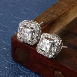 Jewar Mandi Silver Plated Square Cubic Zirconia Studs Earrings-3