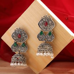Jazz and Sizzle Silver-Plated Dome Shaped Oxidised Jhumka Earrings-image-97
