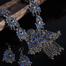 Arrabi Oxidised Silver-Toned & Blue Stone-Studded Ghungaroo Jewellery Set-image-30