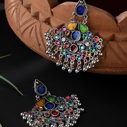 CARDINAL Silver-Toned Floral Oxidized  Chandbalis Earrings-30