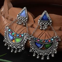 CARDINAL Silver-Toned Multicolor Floral Oxidized Chandbalis Earrings-12