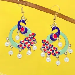 OOMPH Peacock Shaped Pearl-Beaded Meenakari Chandbalis-52