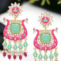 OOMPH Peacock Shaped Kundan Meenakari Chandbalis-42