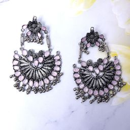 VAGHBHATT Pink & Silver-Toned Contemporary Chandbalis Earrings-53