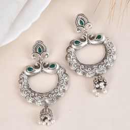 DASTOOR Gold-Plated Stone-Studded and Beaded Brass Oxidised Drop Earrings-13