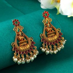 Yellow Chimes Gold Plated Pink Stone Pearl Beads Hanging Temple Ethnic Chandbalis-picture-46