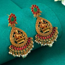 Yellow Chimes Gold Plated Pink Stone Studded Beads Hanging Temple Ethnic Drop Earrings-13