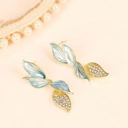FIMBUL Gold-Plated Stone-Studded Leaf Shaped Drop Earrings-1