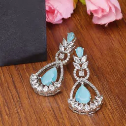 ZENEME Rhodium-Plated American Diamond Studded Teardrop Shaped Drop Earrings-image-51