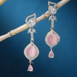 ZENEME Rhodium-Plated American Diamond Studded Teardrop Shaped Drop Earrings-89