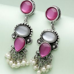 Moedbuille Silver-Plated Crystals Studded & Pearls Beaded Contemporary Drop Earrings-13