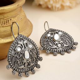 Moedbuille Silver-Plated Crystals Studded Teardrop Shaped Oxidised Drop Earrings-9