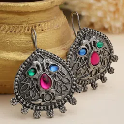Moedbuille Silver-Plated Stones Studded Teardrop Shaped Drop Earrings-24