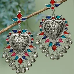 Moedbuille Silver-Plated Stones Studded & Beaded Contemporary Meenakari Drop Earrings-22