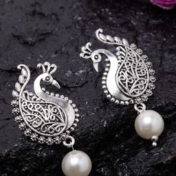 PANASH Silver-Plated Peacock Shaped Drop Earrings-7