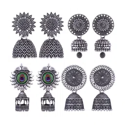 MEENAZ Set Of 4 Silver-Plated Oxidised Peacock Shaped Jhumkas-image-34