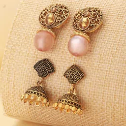 Jazz and Sizzle Set Of 2 Gold-Plated Dome Shaped Stone Studded & Beaded Drop Earrings-7