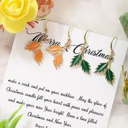 EL REGALO Christmas Green Pack of 2 Gold Plated Leaf Shaped Drop Earrings-image-49