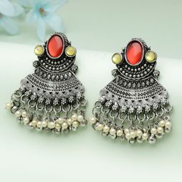 Moedbuille Silver-Plated Crystals Studded & Pearls Beaded Contemporary Drop Earrings-53