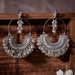 Rubans Silver-Plated Beaded Oxidised Crescent Shaped Chandbalis Earrings-5