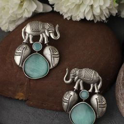 VENI 92.5 Silver-Plated Oxidised Elephant Drop Earrings-49
