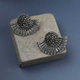 SOHI Silver-Plated Stones Studded Crescent Shaped Oxidised Studs Earrings-54