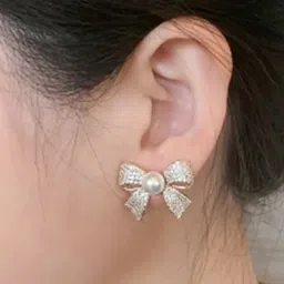 Celestique Gold-Plated Zircon Studded Bow Shaped Studs-11