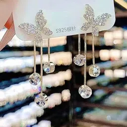 Celestique Gold-Plated Rhinestone Studded Contemporary Drop Earrings-4