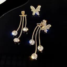 Celestique Gold-Plated Stone Studded Butterfly Shaped Oxidised Drop Earrings-image-61