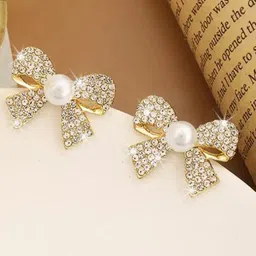Celestique Gold-Plated Stone Studded Bow Shaped Studs-image-60