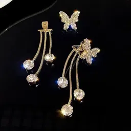 Celestique Gold-Plated Stone Studded Butterfly Shaped Drop Earrings-image-47