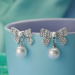PRITA BY PRIYAASI Silver-Plated Pearl & American Diamond Studded Stud Earrings-image-23