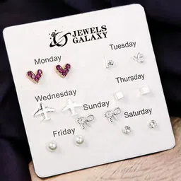 Jewels Galaxy Set of 7 Silver-Plated Contemporary Studs Earrings-image-94