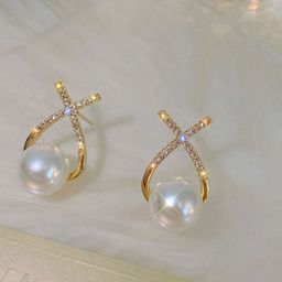 PolluxCraft Korean Gold-Plated Pearl Zircon Stone Studded Contemporary Studs-29