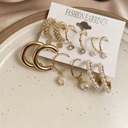 PolluxCraft Set Of 9 Korean Gold-Plated Pearls Studded Circular Studs-6