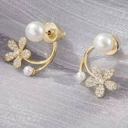 PolluxCraft Gold-Plated Zircon Studded And Beaded Floral Shaped Korean Studs-18