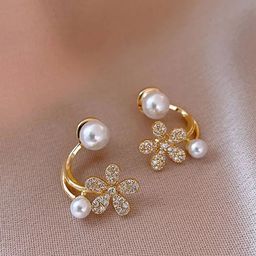 PolluxCraft Gold-Plated Zircon And Pearls Studded Korean Floral Studs-image-45