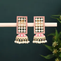 Anvik Gold-Plated Stoned Studded & Beaded Enamelled Geometric Jhumkas-17