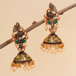 KARATCART Green & Gold-Plated Dome Shaped Jhumkas Earrings-43