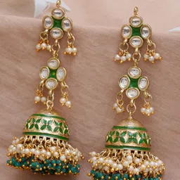KARATCART Women Green & Gold-Toned Classic Jhumkas Earrings-13
