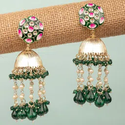Crunchy Fashion Gold-Plated Enameled Stone Studded & Beaded Classic Jhumkas-picture-2