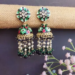 Crunchy Fashion Gold-Plated Beaded Dome Shaped Jhumkas-23