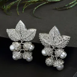 ZENEME Beads Studded Silver -Plated Leaf Shaped Drop Earrings-image-9