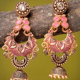 ADIVA Gold-Plated Stone-Studded Antique Crescent Shaped Drop Earrings-14
