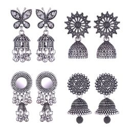 MEENAZ Set Of 4 Silver-Plated Stainless Steel Stones Studded & Beads Beaded Jhumkas-image-84