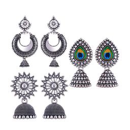 MEENAZ Set Of 3 Silver-Plated Stainless Steel Peacock Shaped Jhumkas-image-6