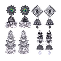 MEENAZ Set of 4 Silver Plated Oxidised Stainless Steel Jhumkas-image-110