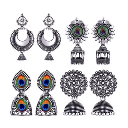 MEENAZ Set Of 4 Silver-Plated Stainless Steel Studded & Beaded Peacock Shaped Jhumkas-image-87